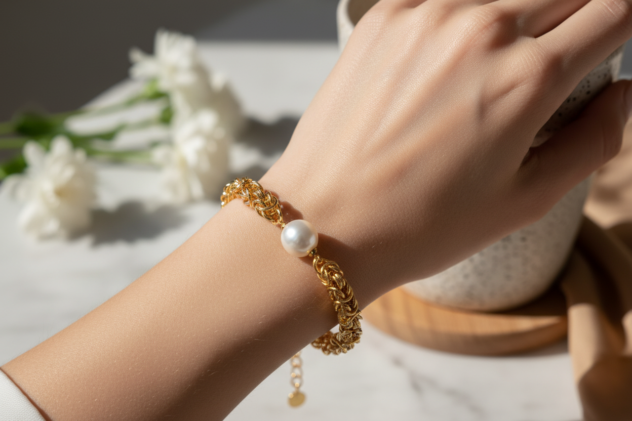 Gold Pearl Bracelet on Model