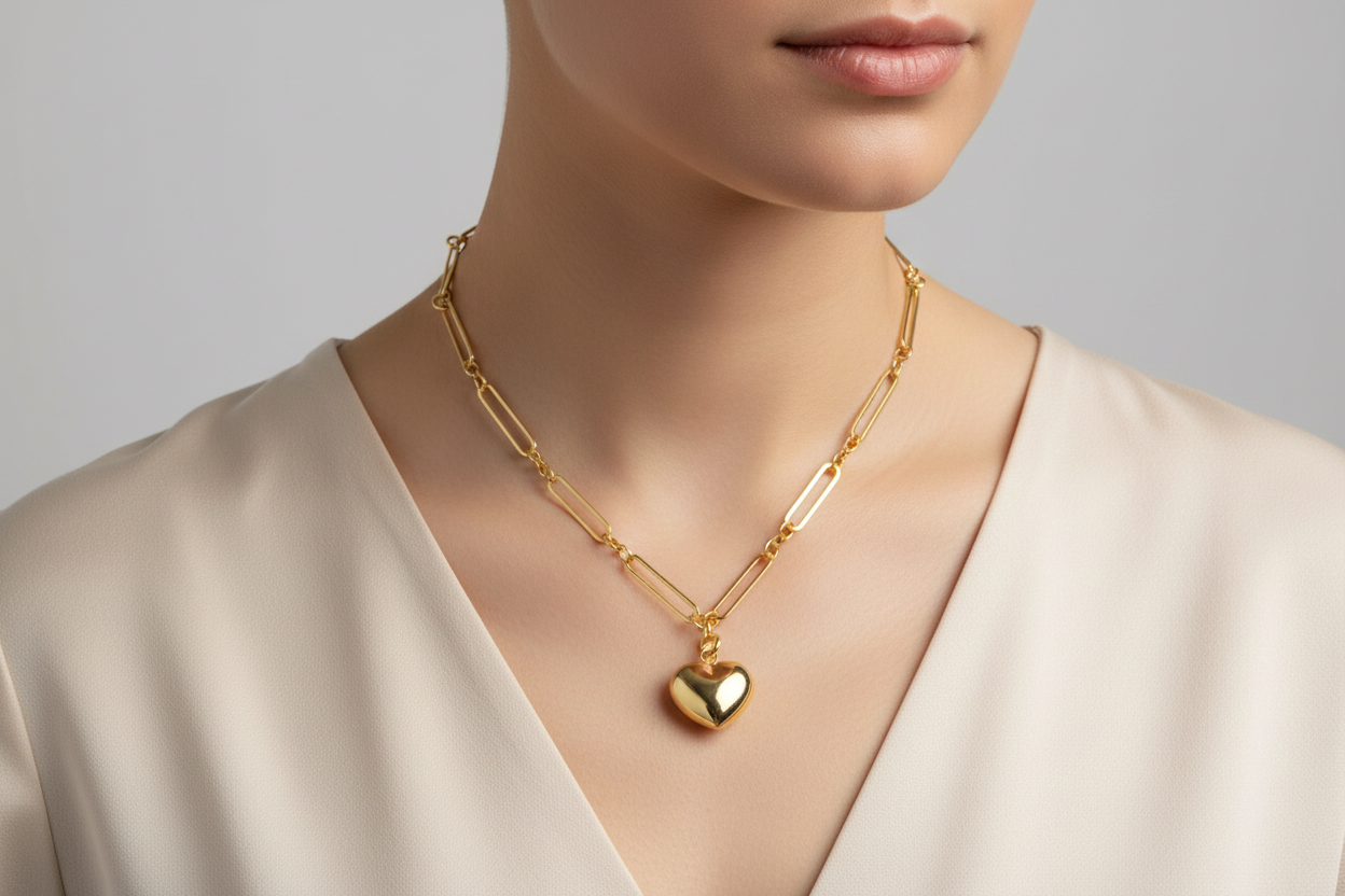 Gold Plated 18" Elongated Paperclip Chain with Puffed Heart on Model