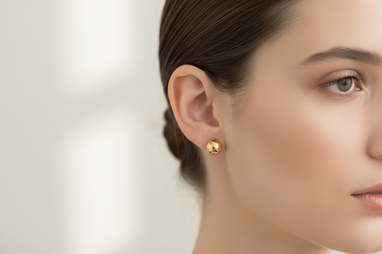 Gold Plated 8mm Ball Stud Earrings on Model - Correct Size