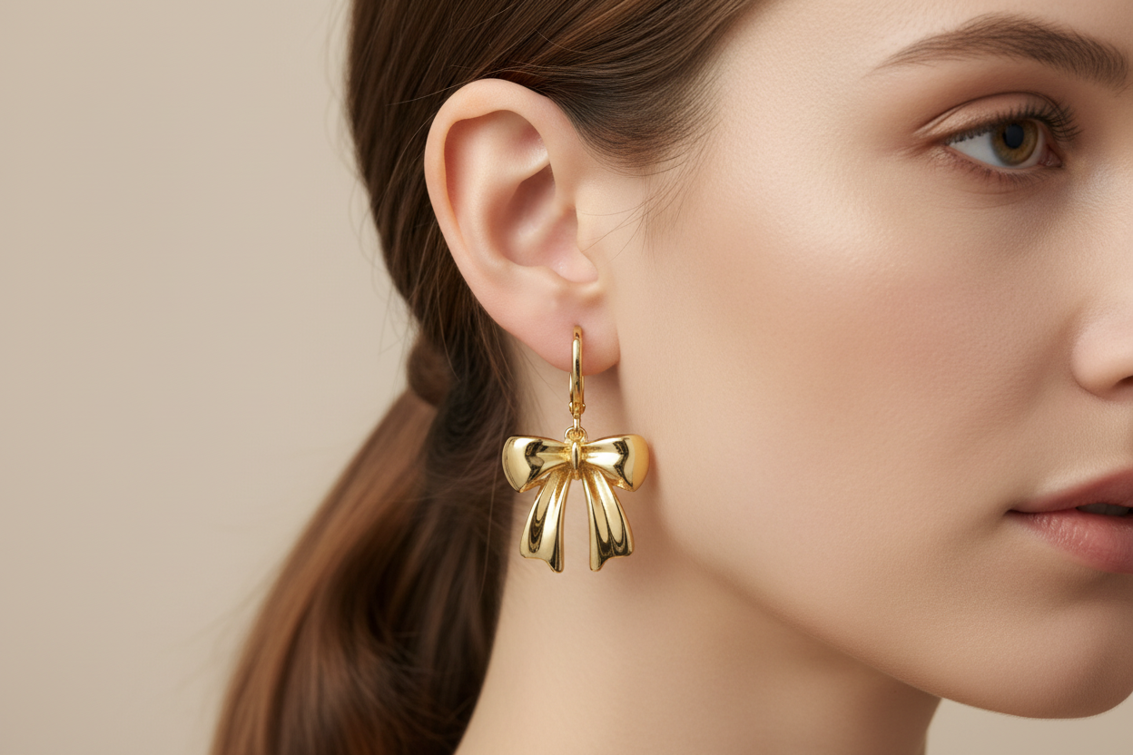 Gold Plated Bow Drop Earrings Style 9E30279 on Model