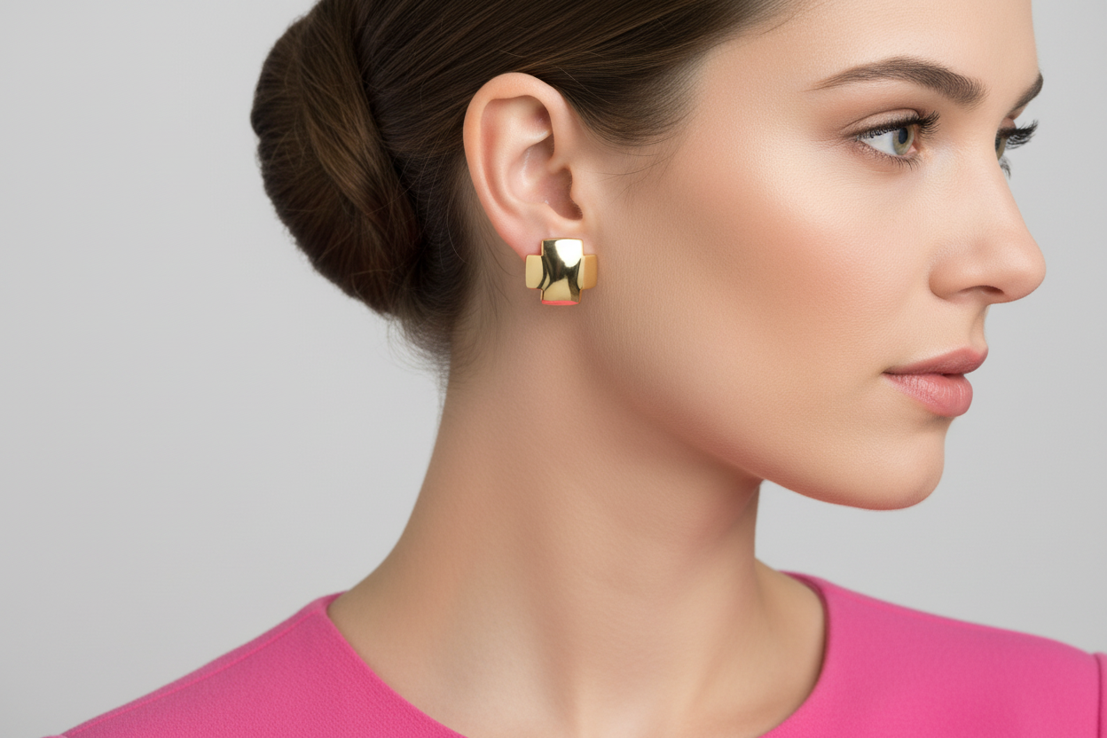 Gold Plated Cross Shaped Button Stud Earrings - Smaller Size
