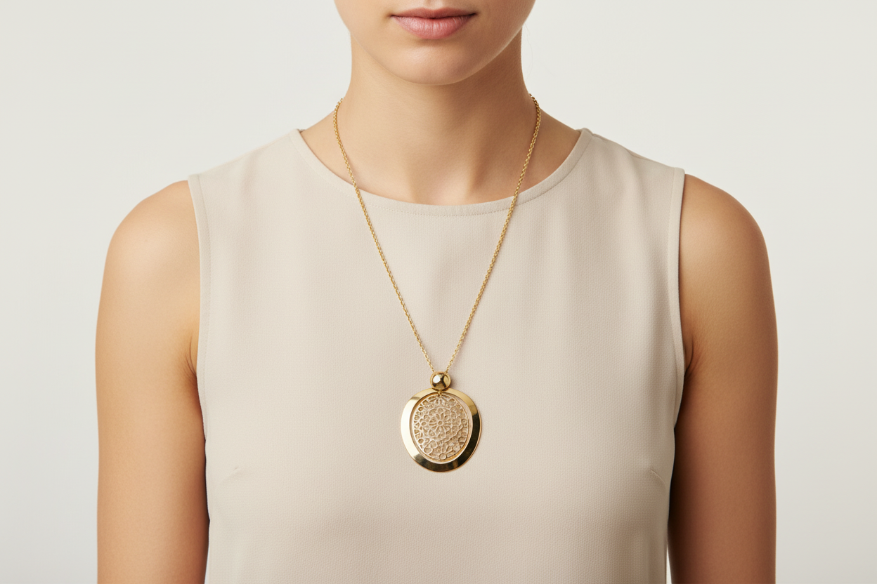 Gold Plated Necklace with Filigree Antique Pendant - 30 inch on Model