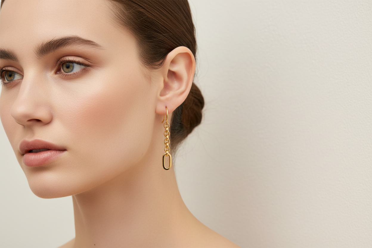 Gold Rolo Chain Drop Earrings on Model