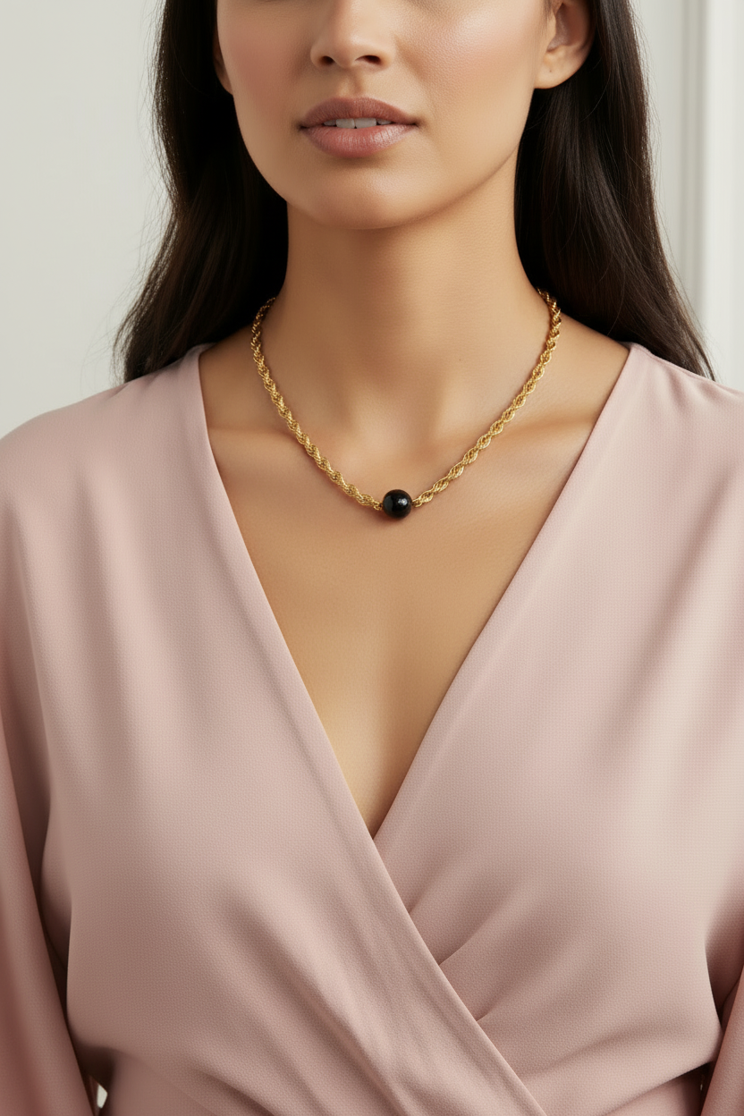 Gold Rope Chain with Smaller Black Clasp on Model in Pink