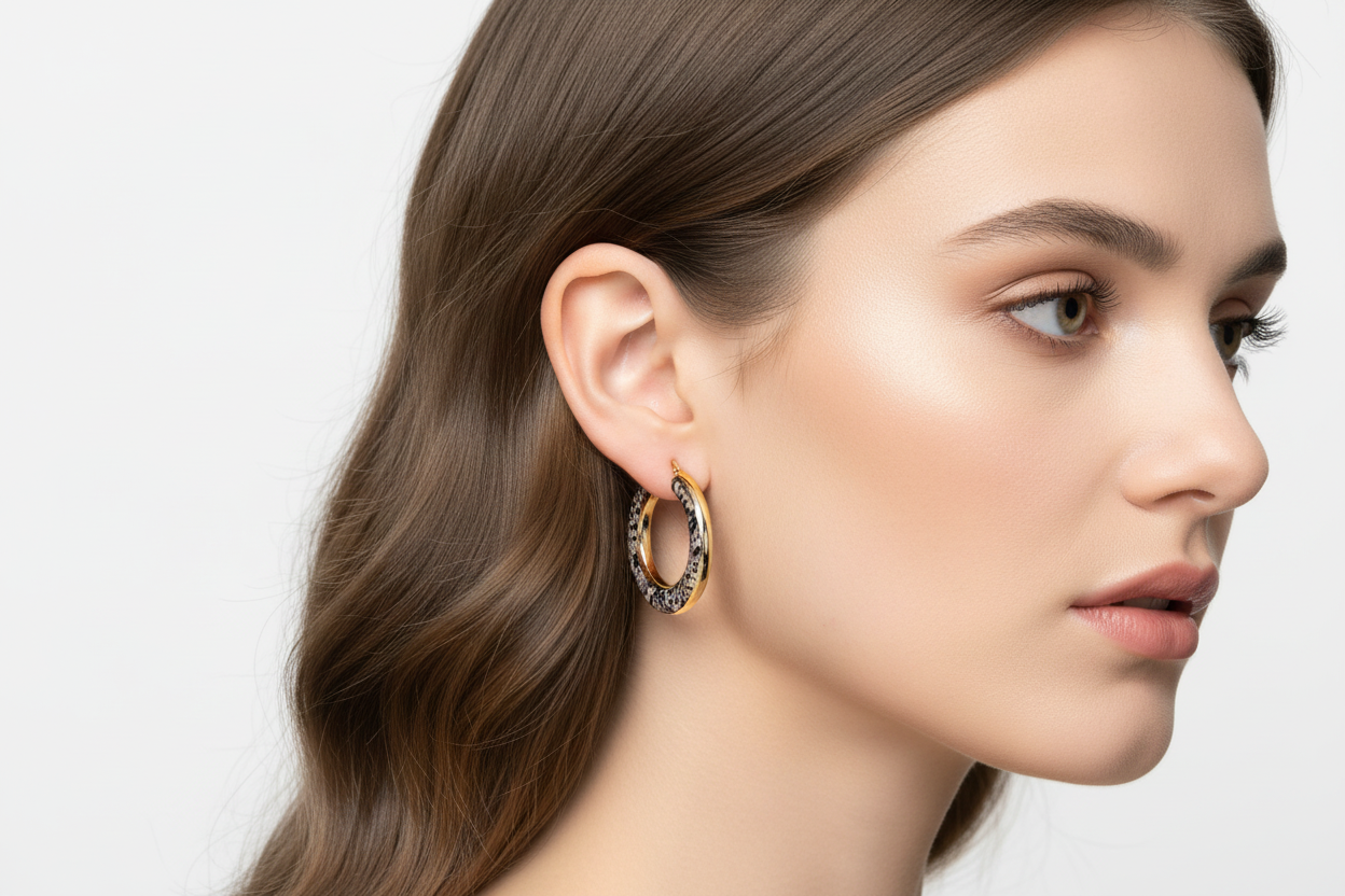 Graduated enamel hoop earrings on model - new approach
