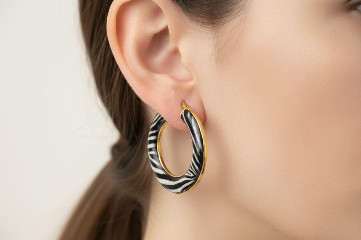Graduated Zebra Enamel Hoop Earrings on Model - Correct