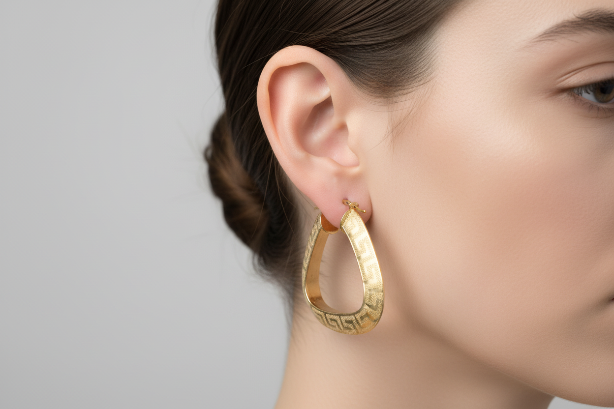 Greek Key Triangle Hoop Earrings on Model - Wire Through Piercing