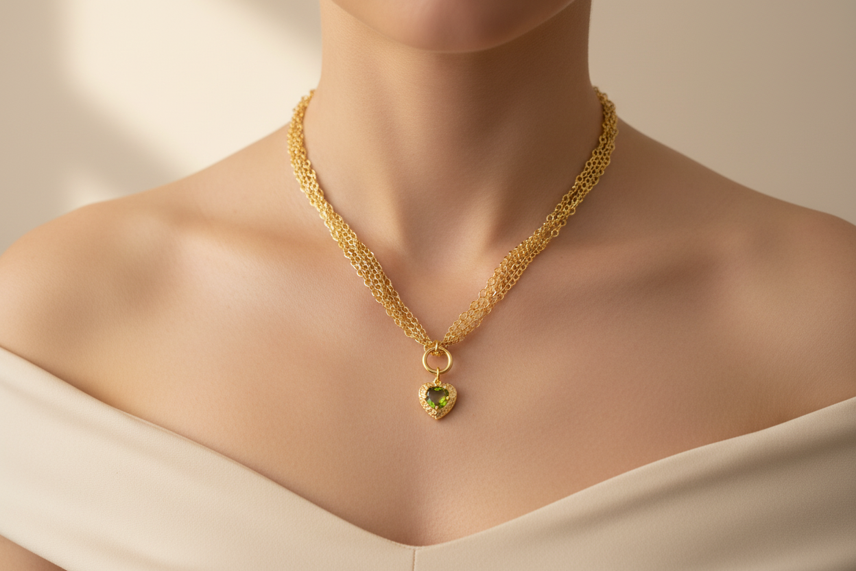 Green heart pendant necklace on model