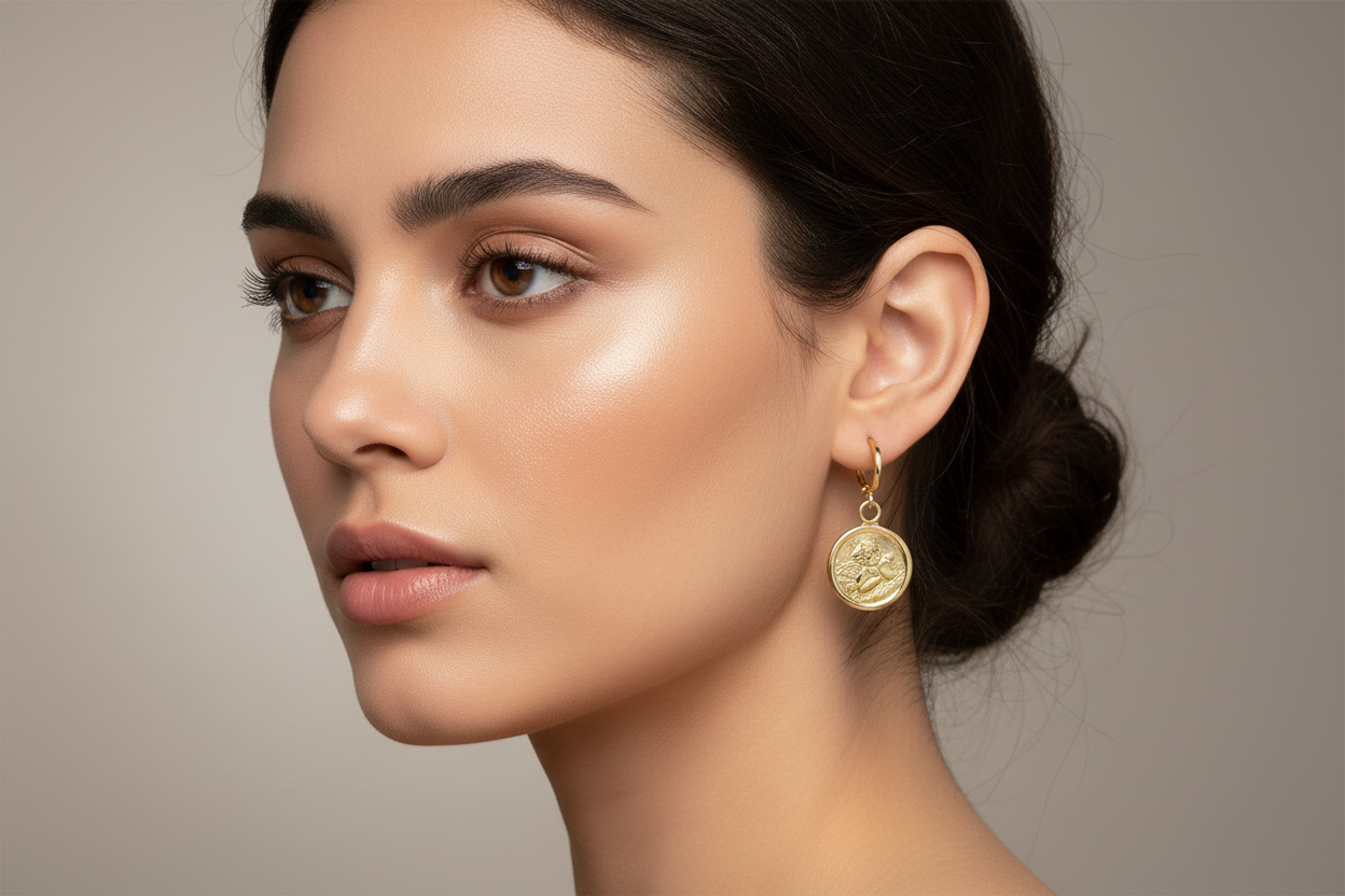 Huggy hoop earrings with angel charm on model
