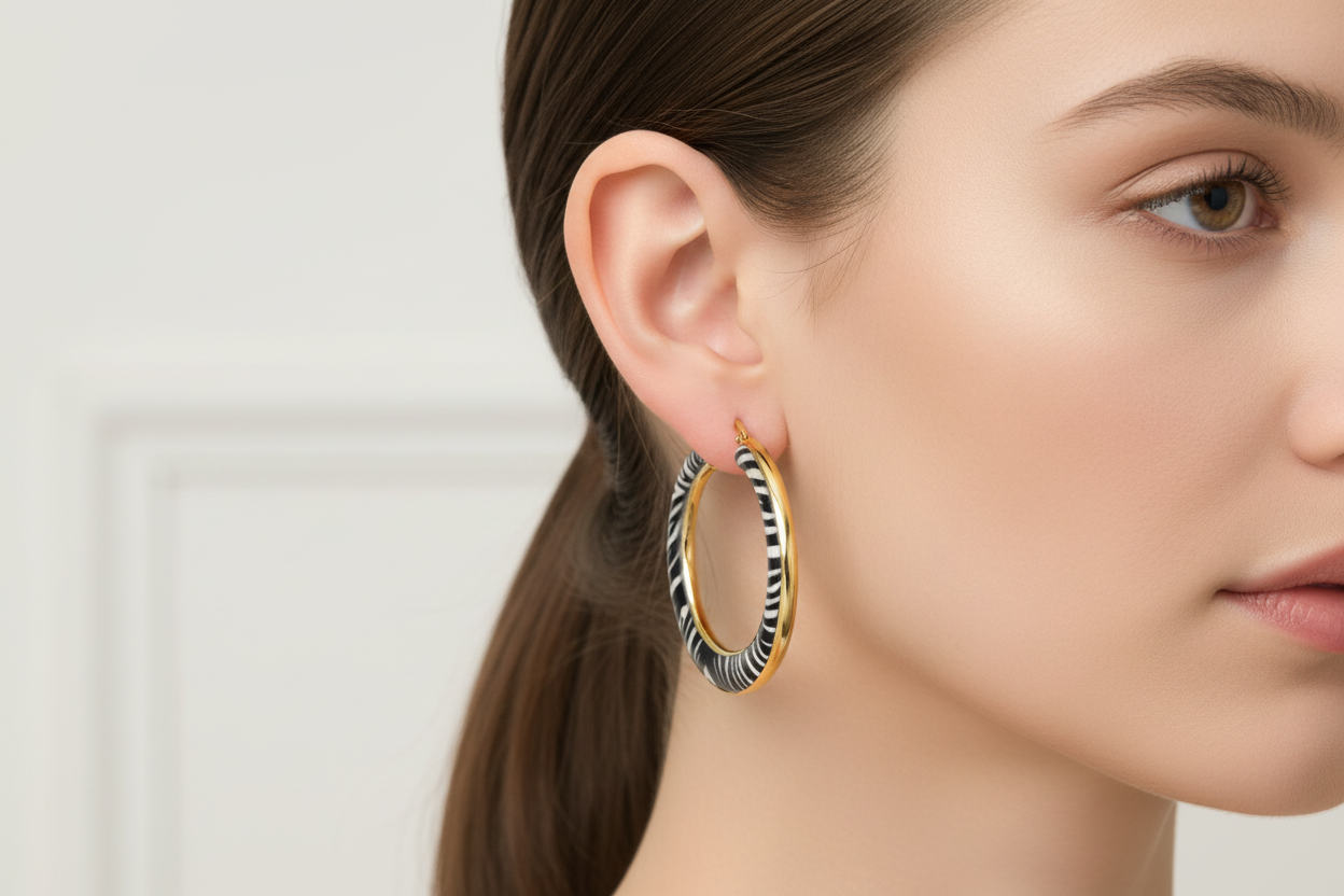 18K Gold Plated Large Tapered Enameled Hoops with zebra print on model
