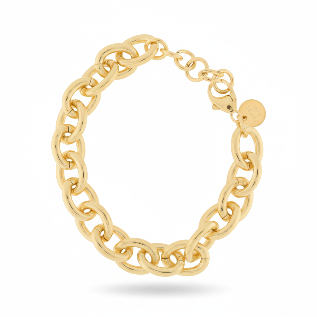 Italian 18K gold-plated textured link bracelet with round clasp on a white background