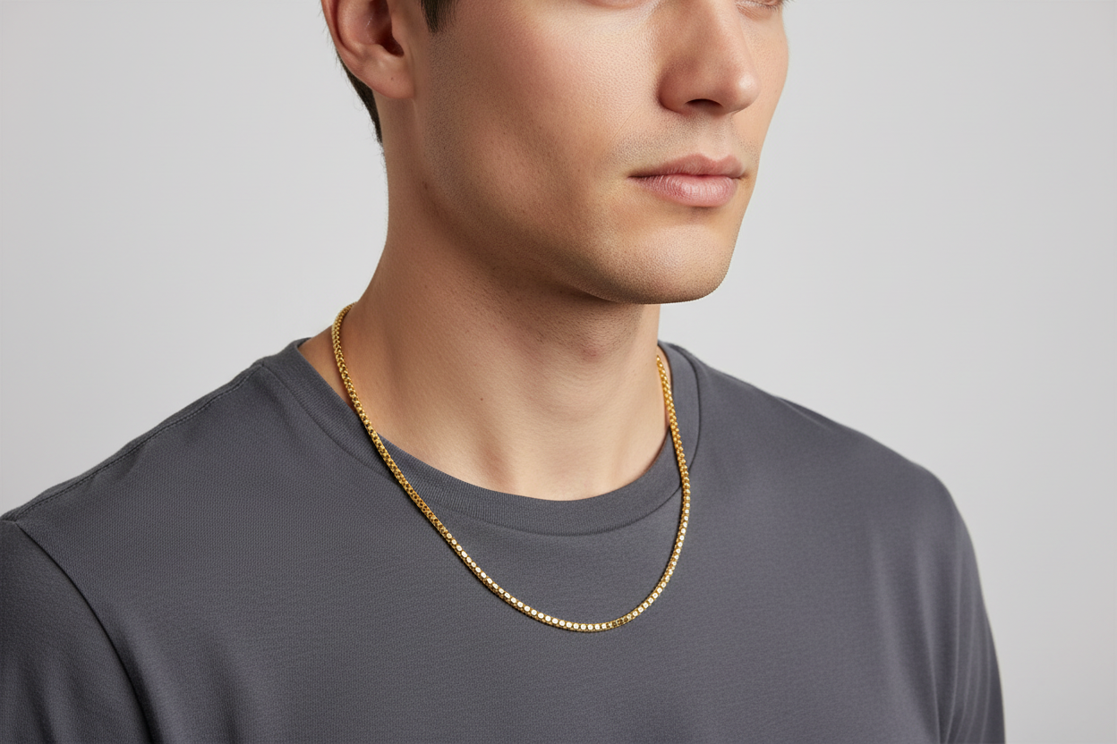 Men's Large Yellow Gold Box Chain Necklace on model