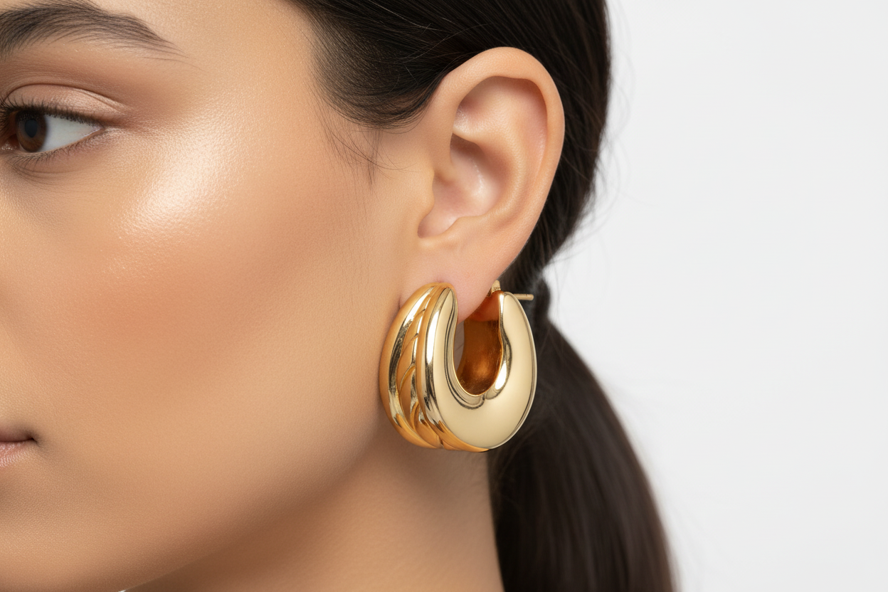 18K Gold Plated Oval Electroform Hoop Earrings on model
