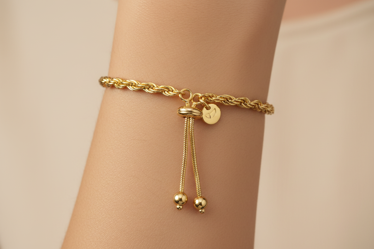 18K Gold Plated Rope Bolo Bracelet on model
