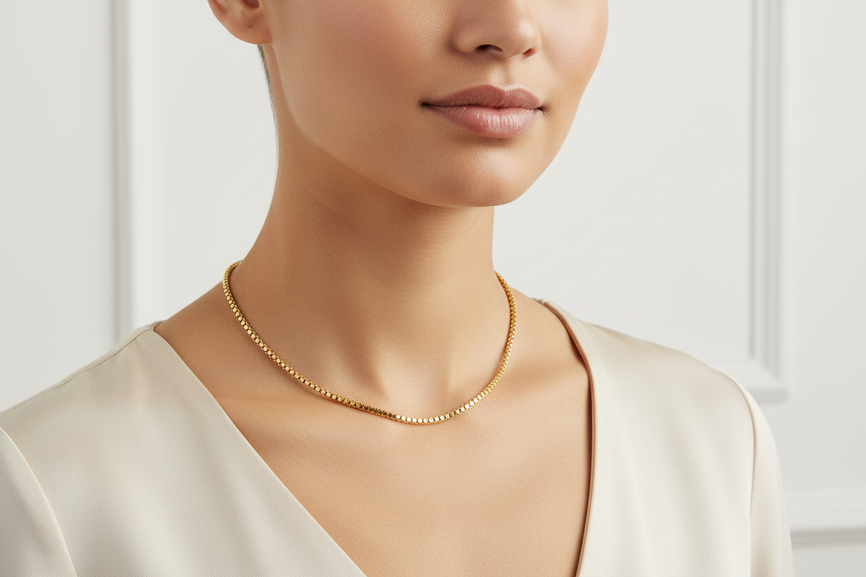 Large Yellow Gold Box Chain Necklace on female model