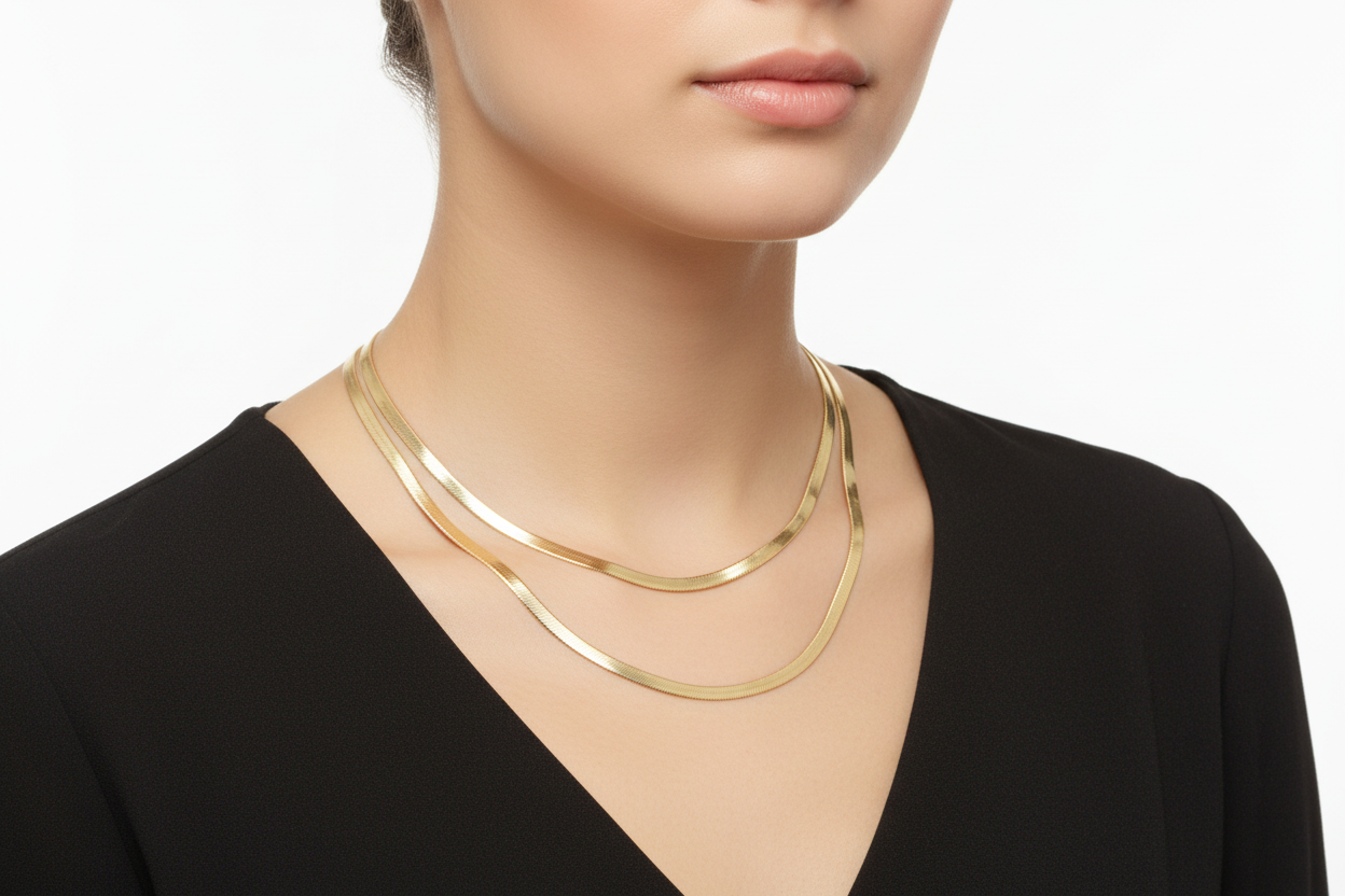 18K Gold Plated 4mm Herringbone Necklace - 18 and 20 inch lengths layered on model