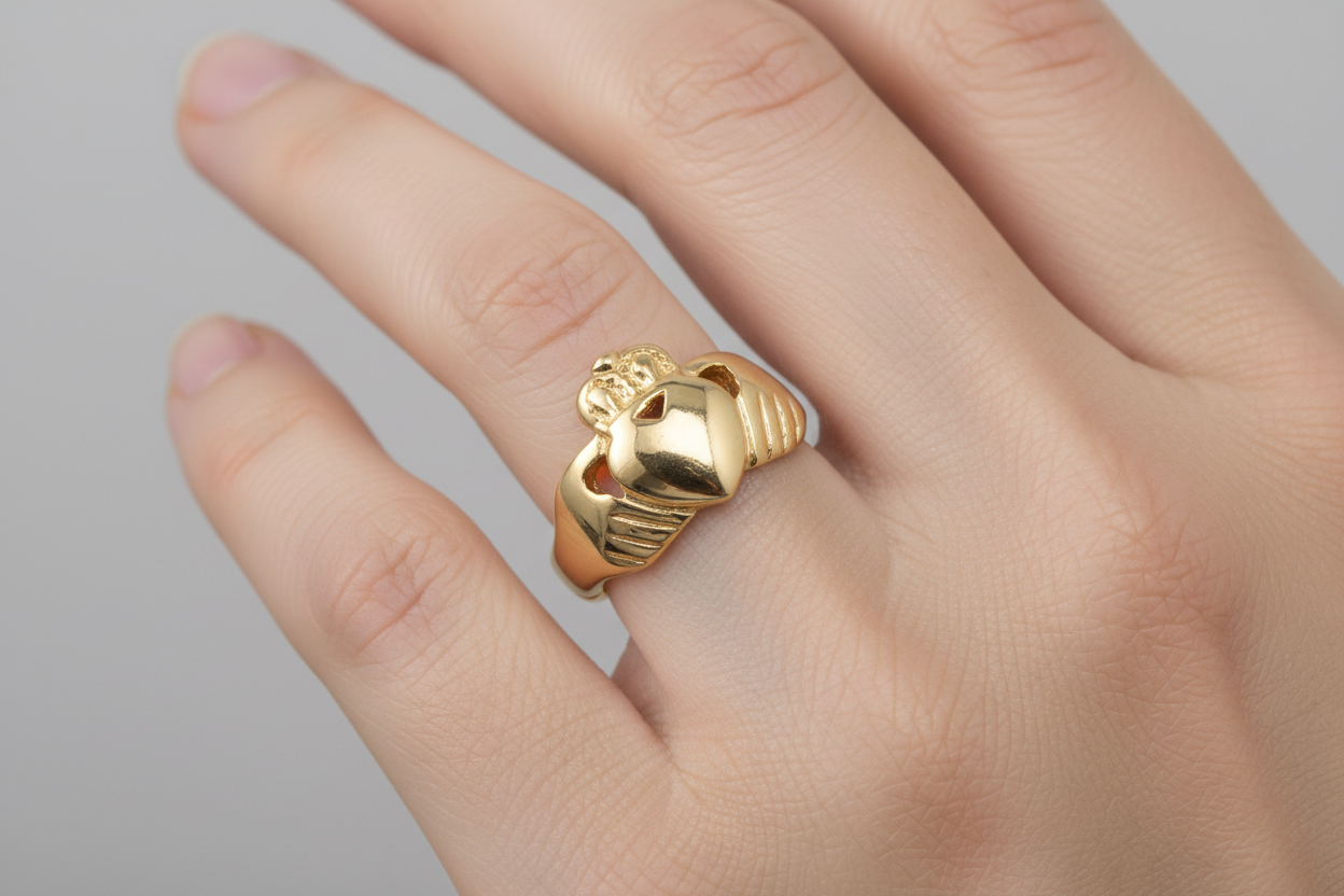 18k Gold Plated Claddagh Ring on model