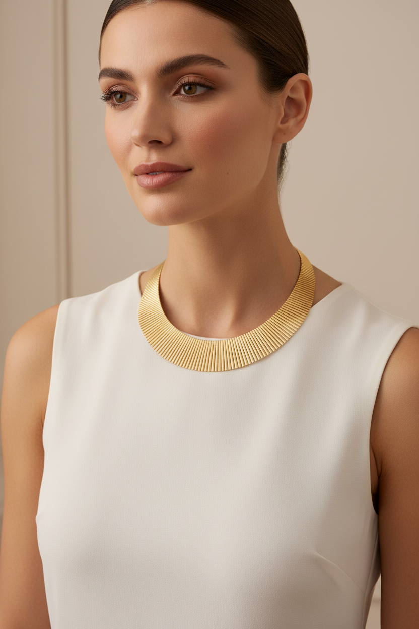Model wearing elegant 18kt gold plated Cleopatra collar necklace, showcasing the graduated design and diamond-cut texture