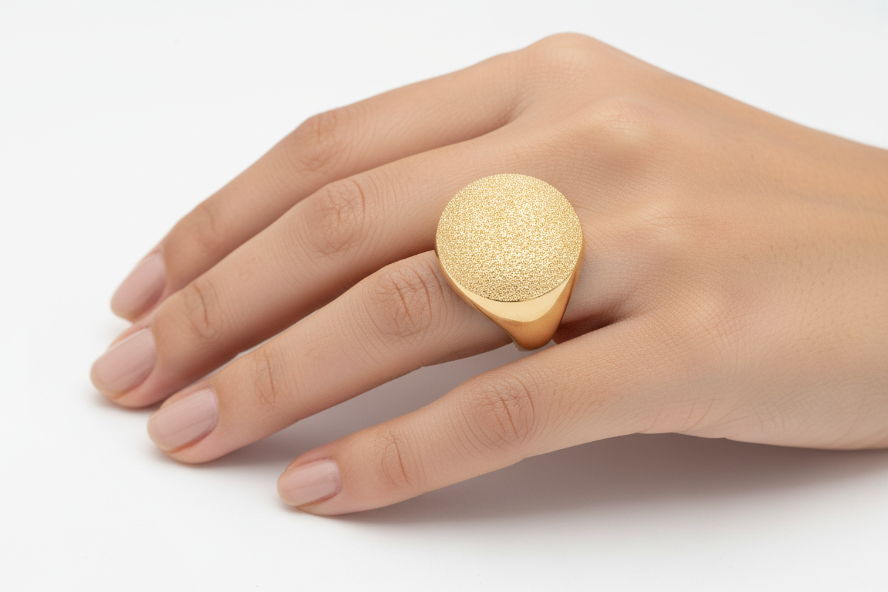 Gold Plated Round Satin Finish Ring on model