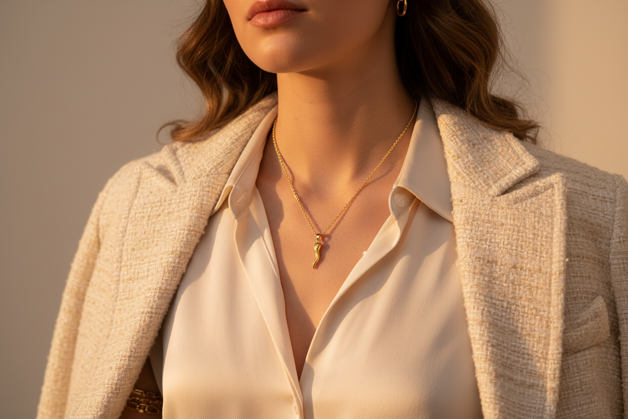 Italian Horn Pendant Necklace on Model