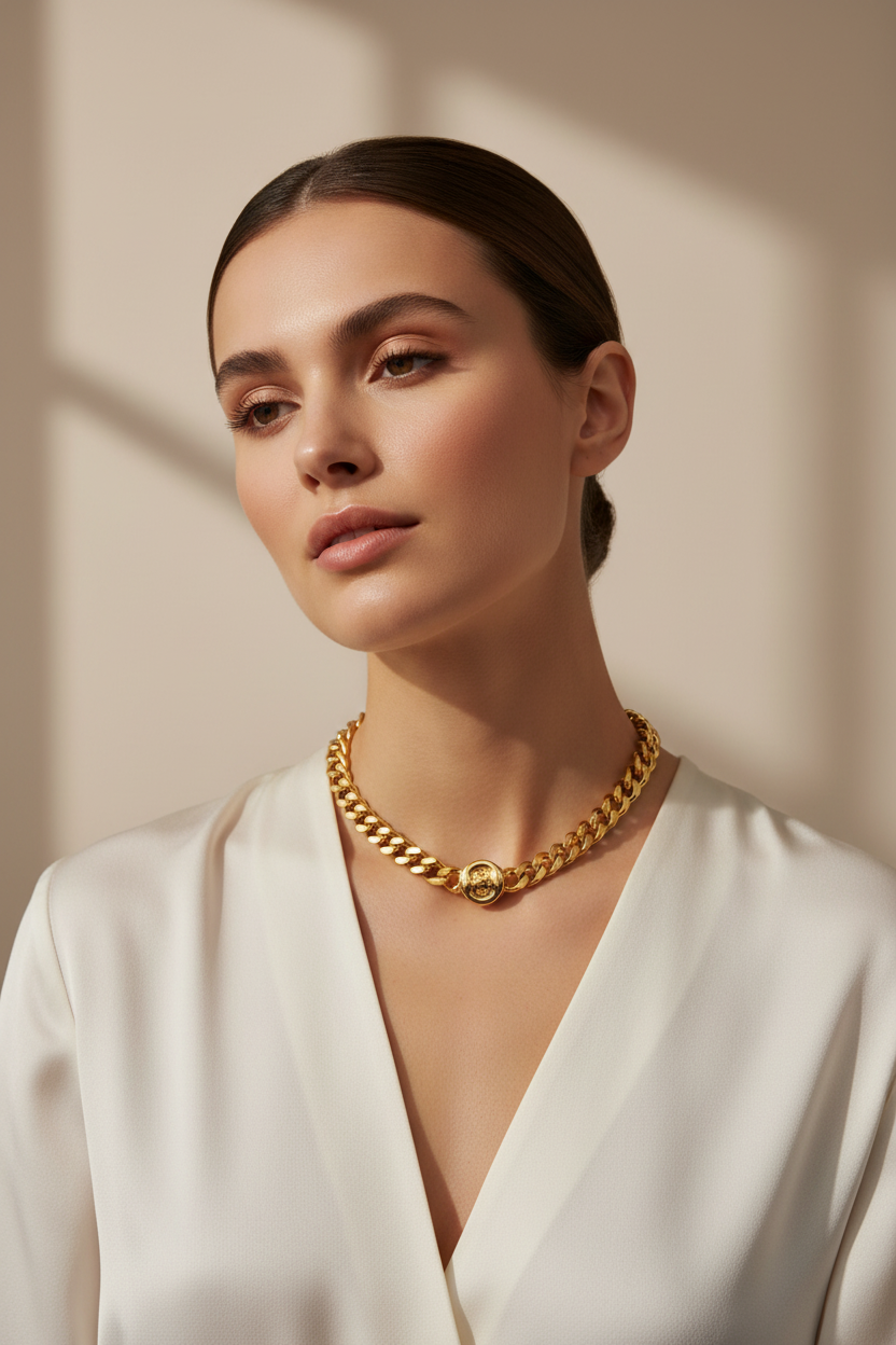 Large Curb Link Gold Necklace on Model