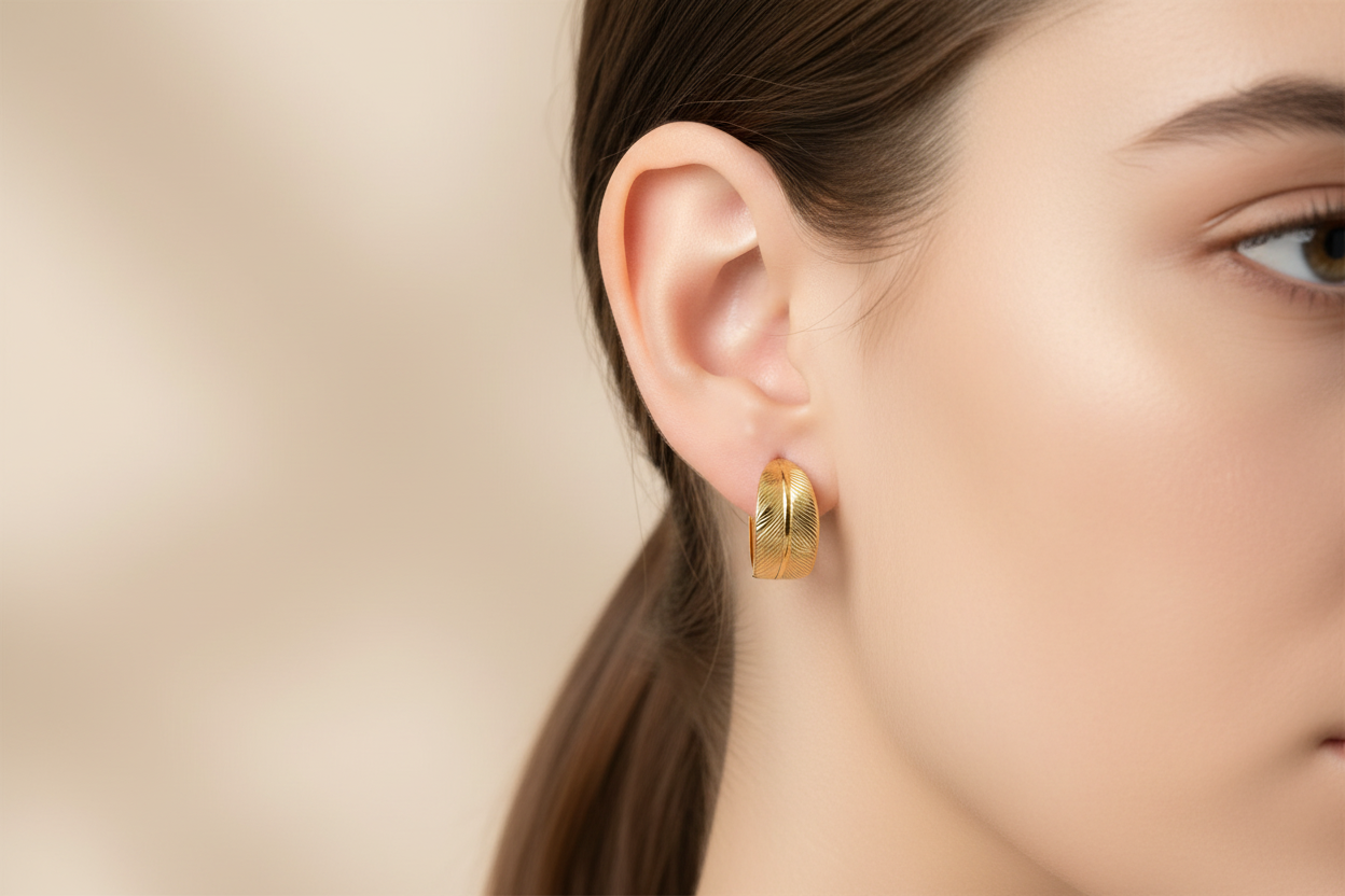 Leaf-textured hoop earrings on model - smaller