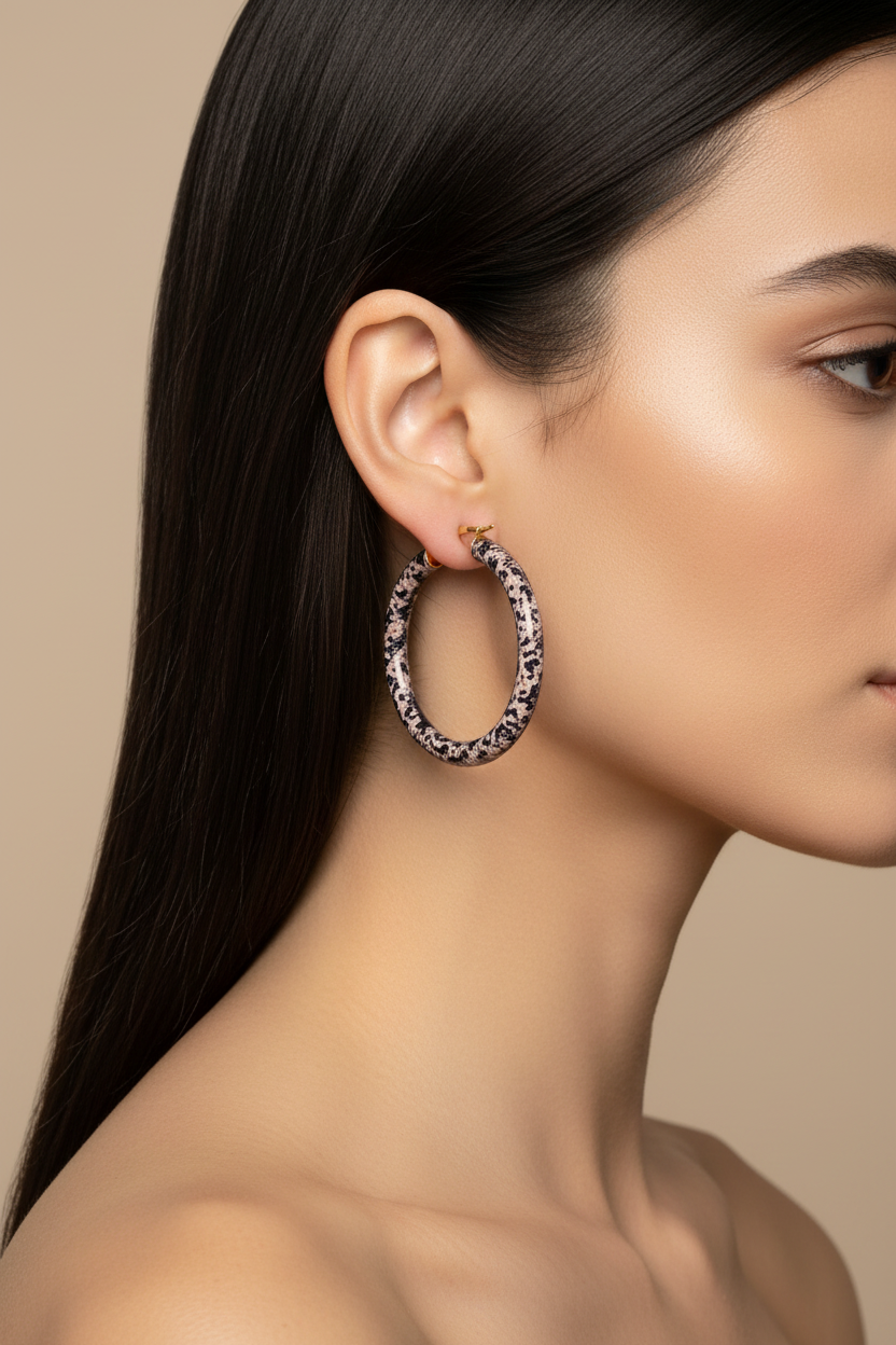 Leopard Enameled Hoop Earrings on Model