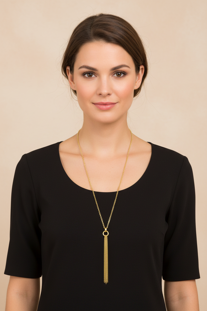 Long tassel necklace worn by a model