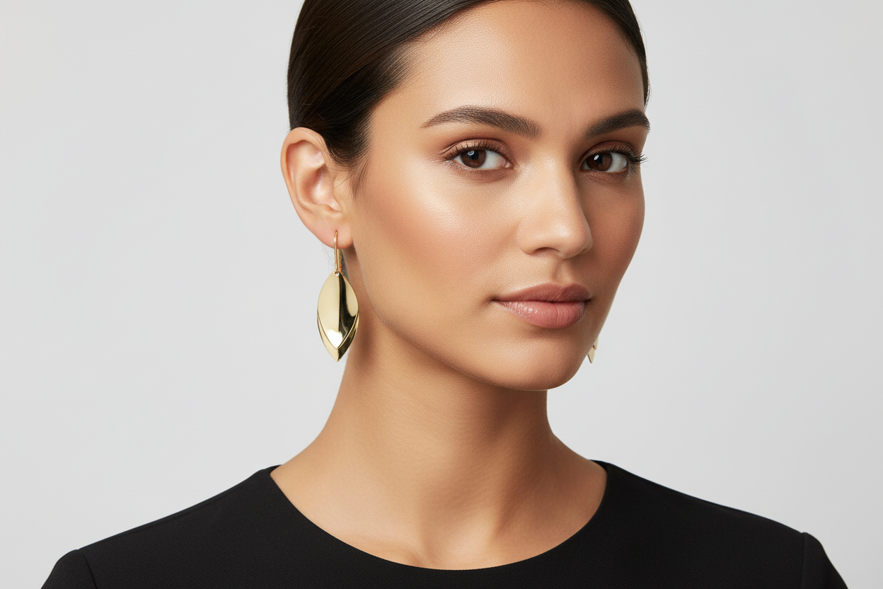 Marquis Shaped Drop Fishhook on model wearing black - delicate