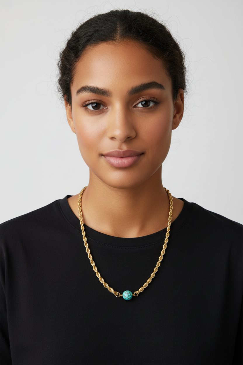 Model wearing 24 inch gold rope chain necklace