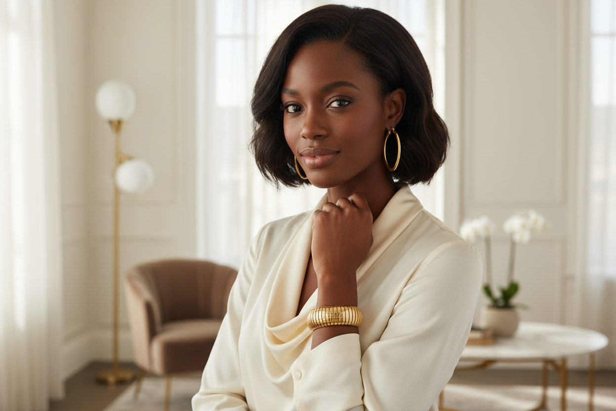Model wearing Bronzoro jewelry with Wide Tubo Gas Stretch Bangle