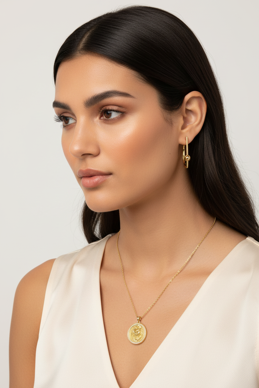 Model wearing delicate gold jewelry
