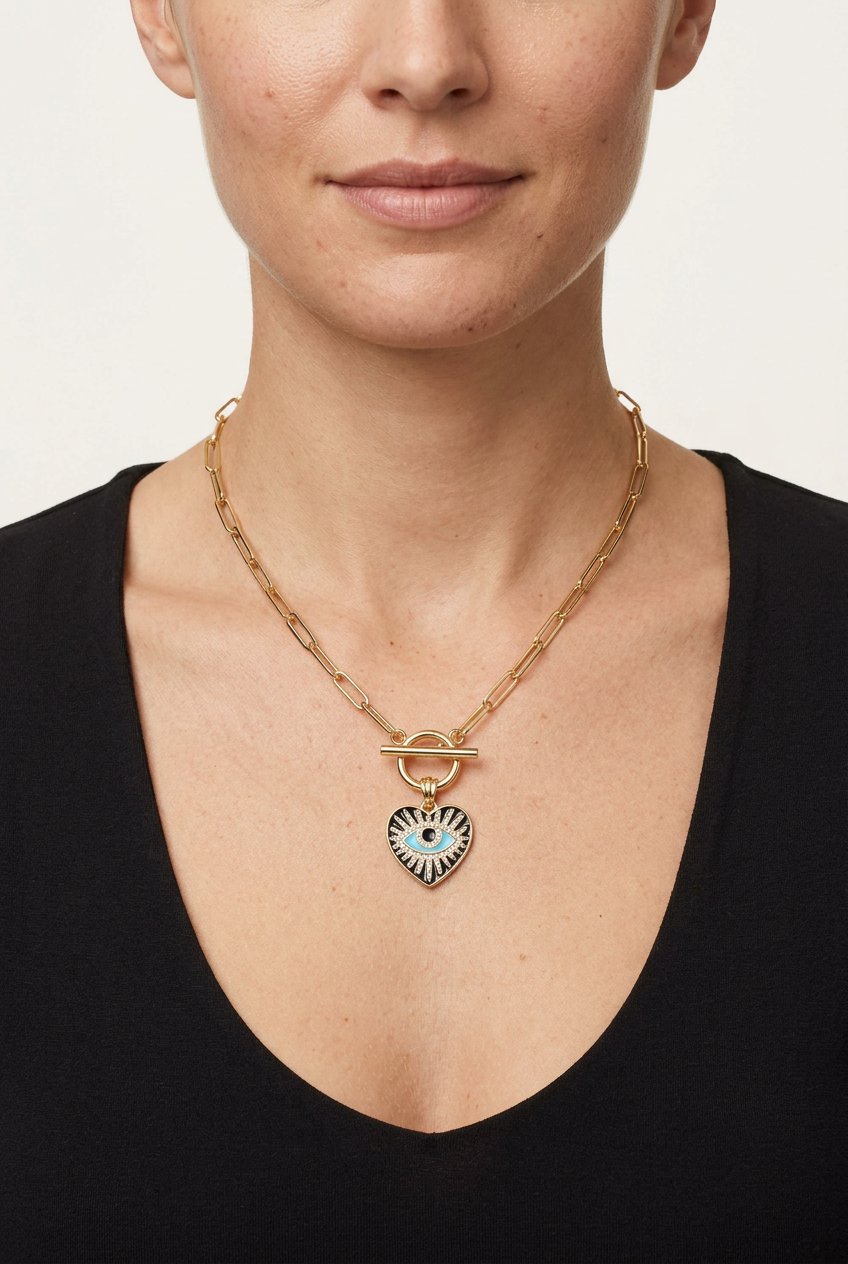 Model wearing your front-toggle necklace with heart pendant