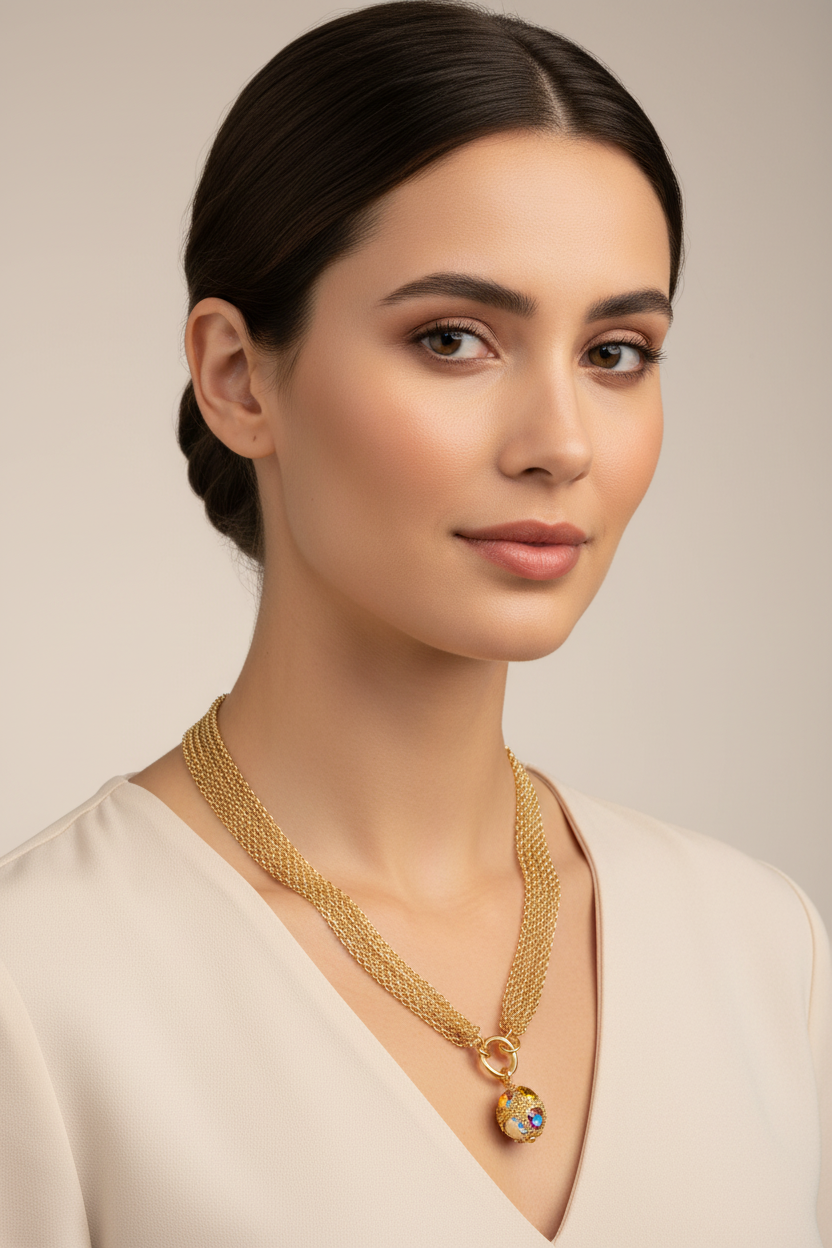 Multi-Strand Crystal Mine Ball Necklace on Model