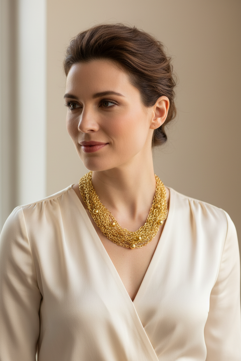 Multi-Strand Textured Gold Necklace on Model