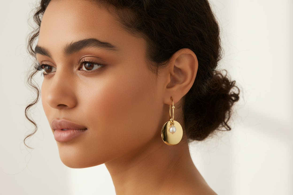 Oval disc earrings with pearl on model - much smaller
