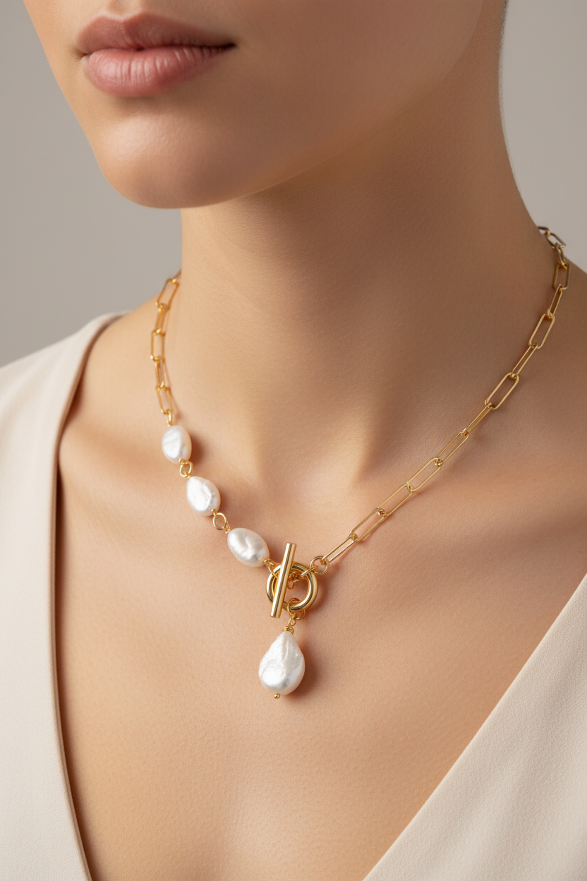 Paperclip chain necklace with baroque pearls on model
