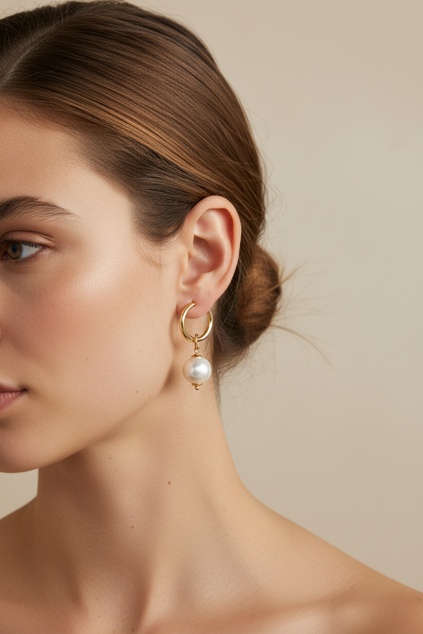 Pearl Huggie Hoops on Model