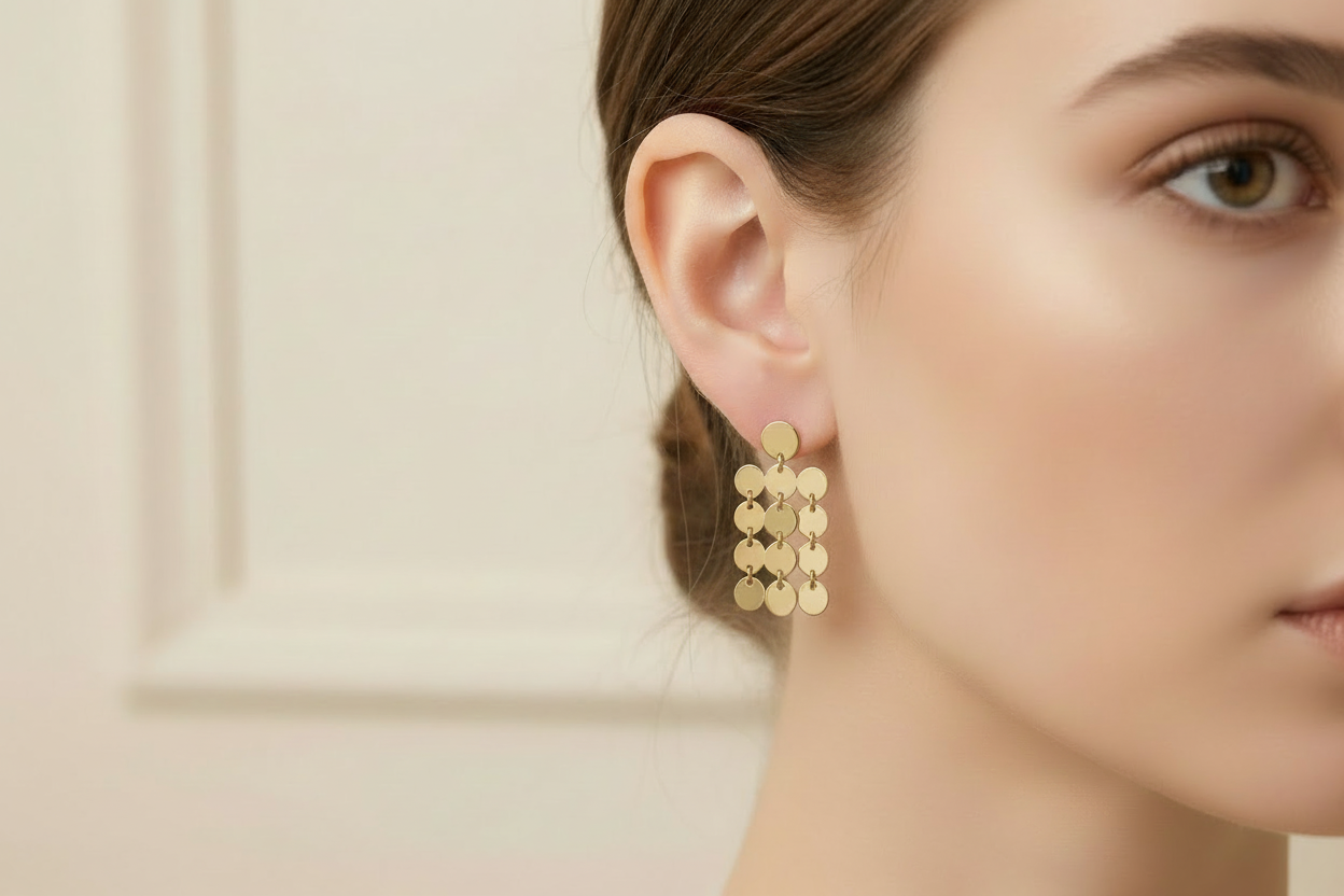 Polished Disc Chandelier Drop Stud on model - medium size