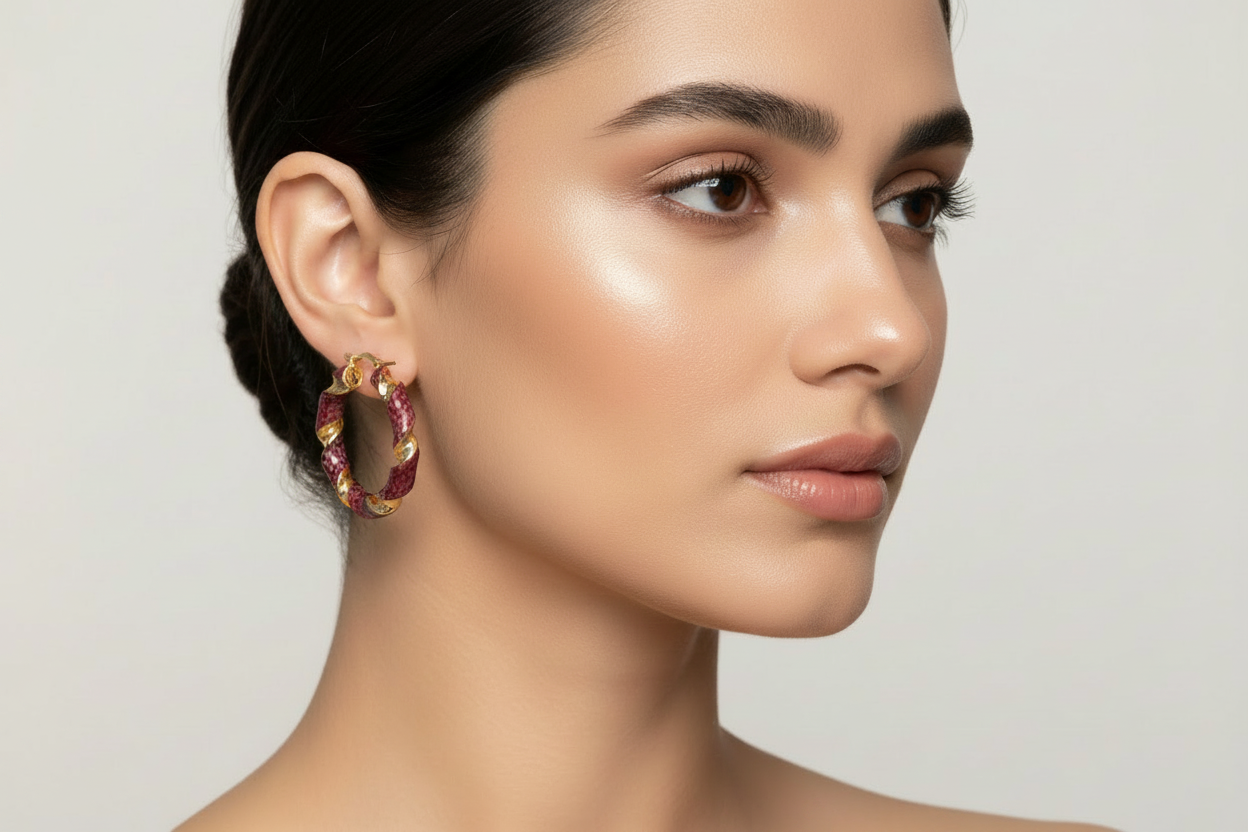 Red Enamel Gold Twisted Hoop Earrings Worn Through Pierced Ear