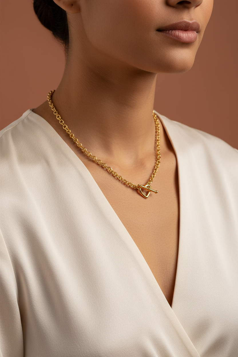 Rolo Link Heart Toggle Necklace on Model