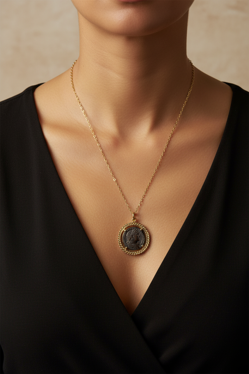 Roman Coin Pendant Necklace on Model