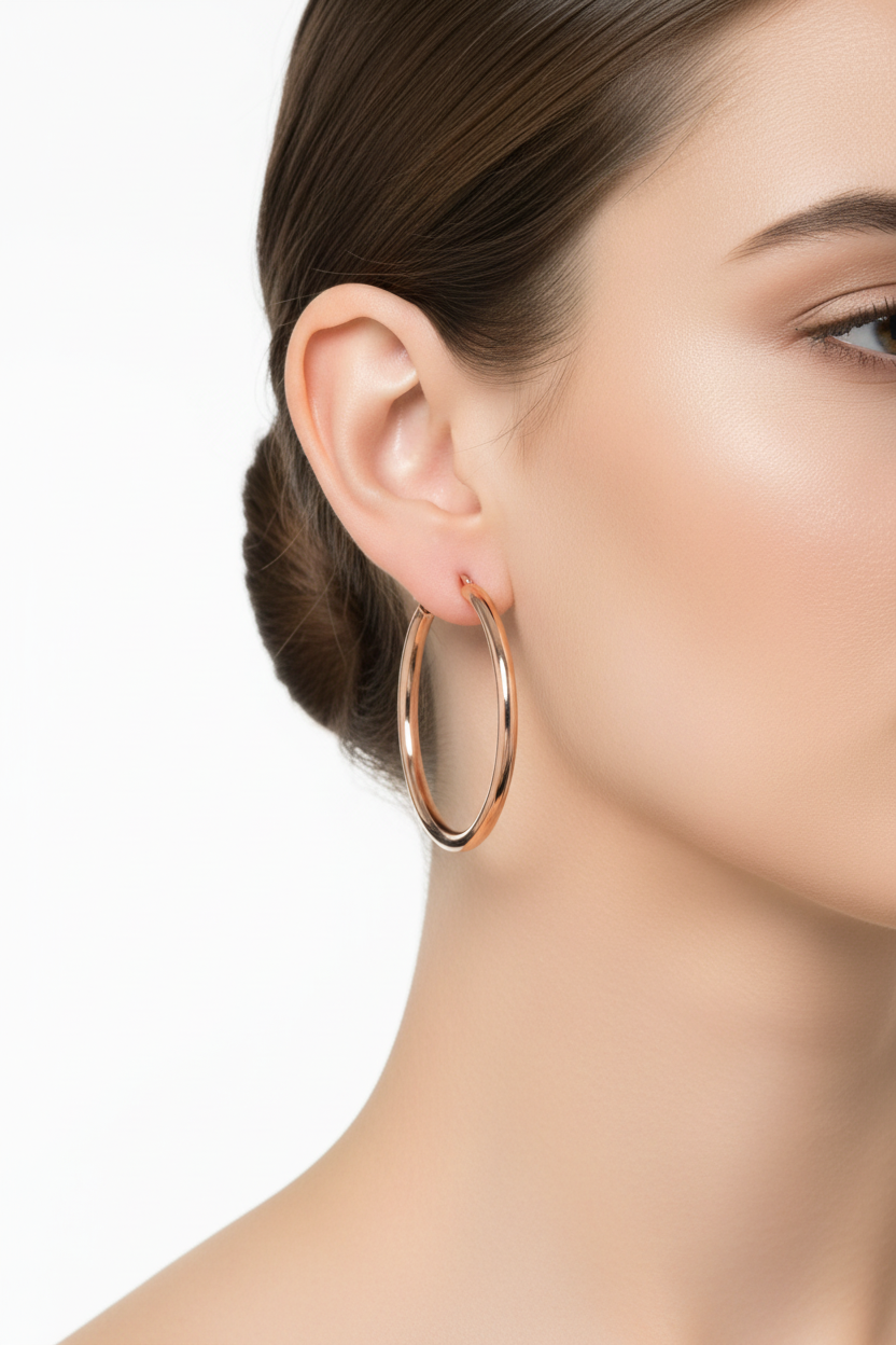 Rose gold 45mm hoop earrings on model