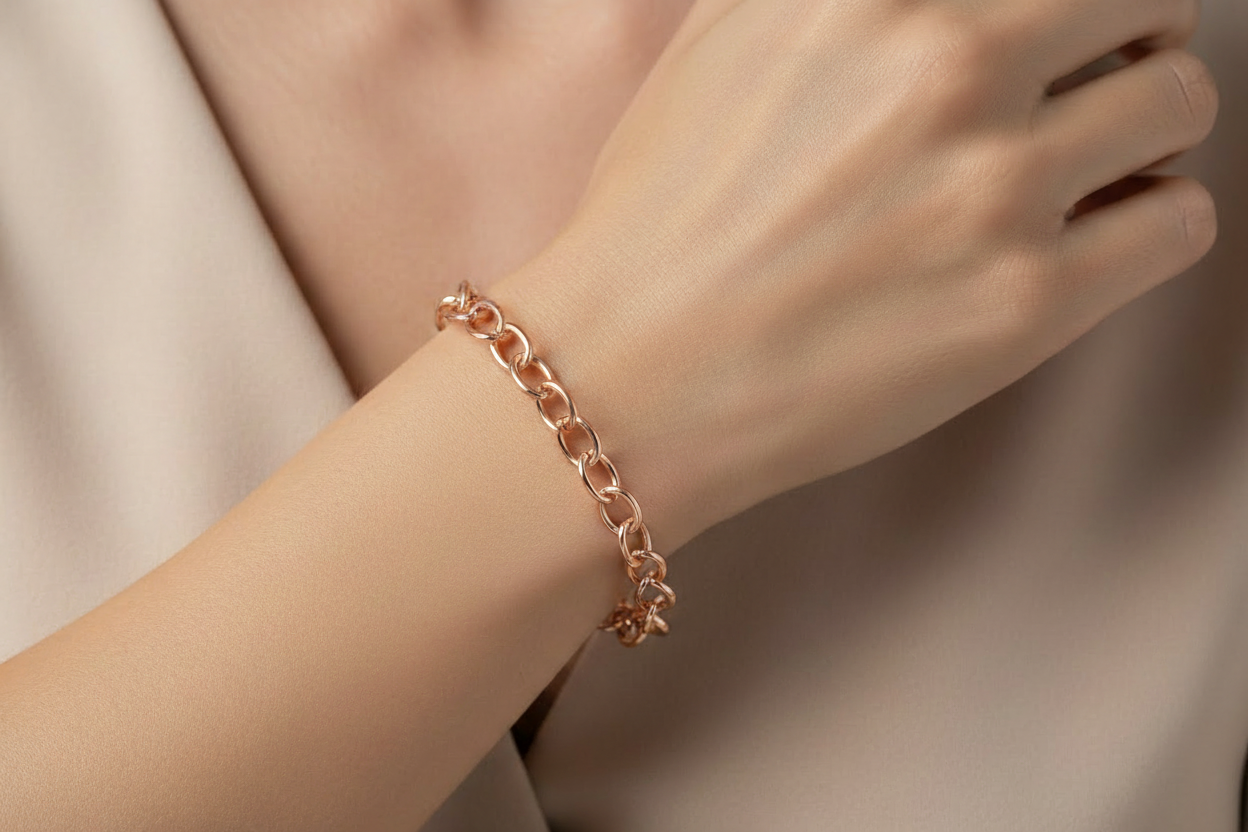 Rose gold chain bracelet on model - smaller size