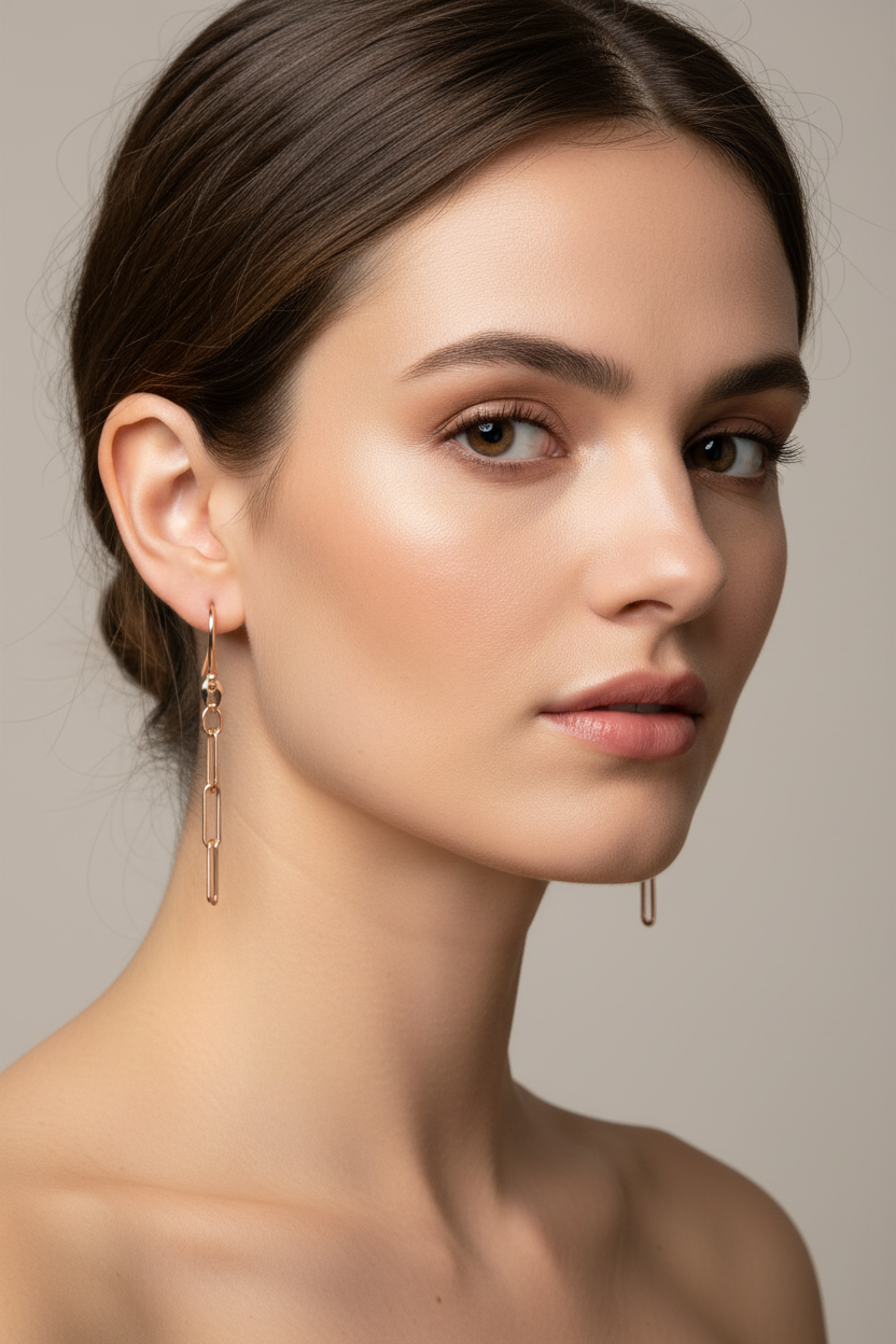 Rose-gold earrings on a model