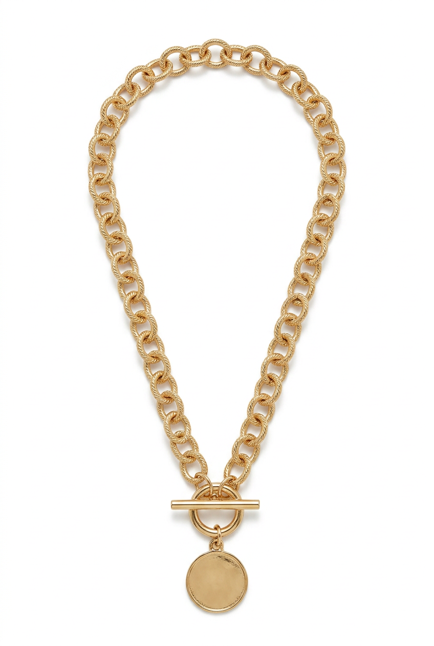 Sharper full-necklace image with toggle clasp and coin pendant