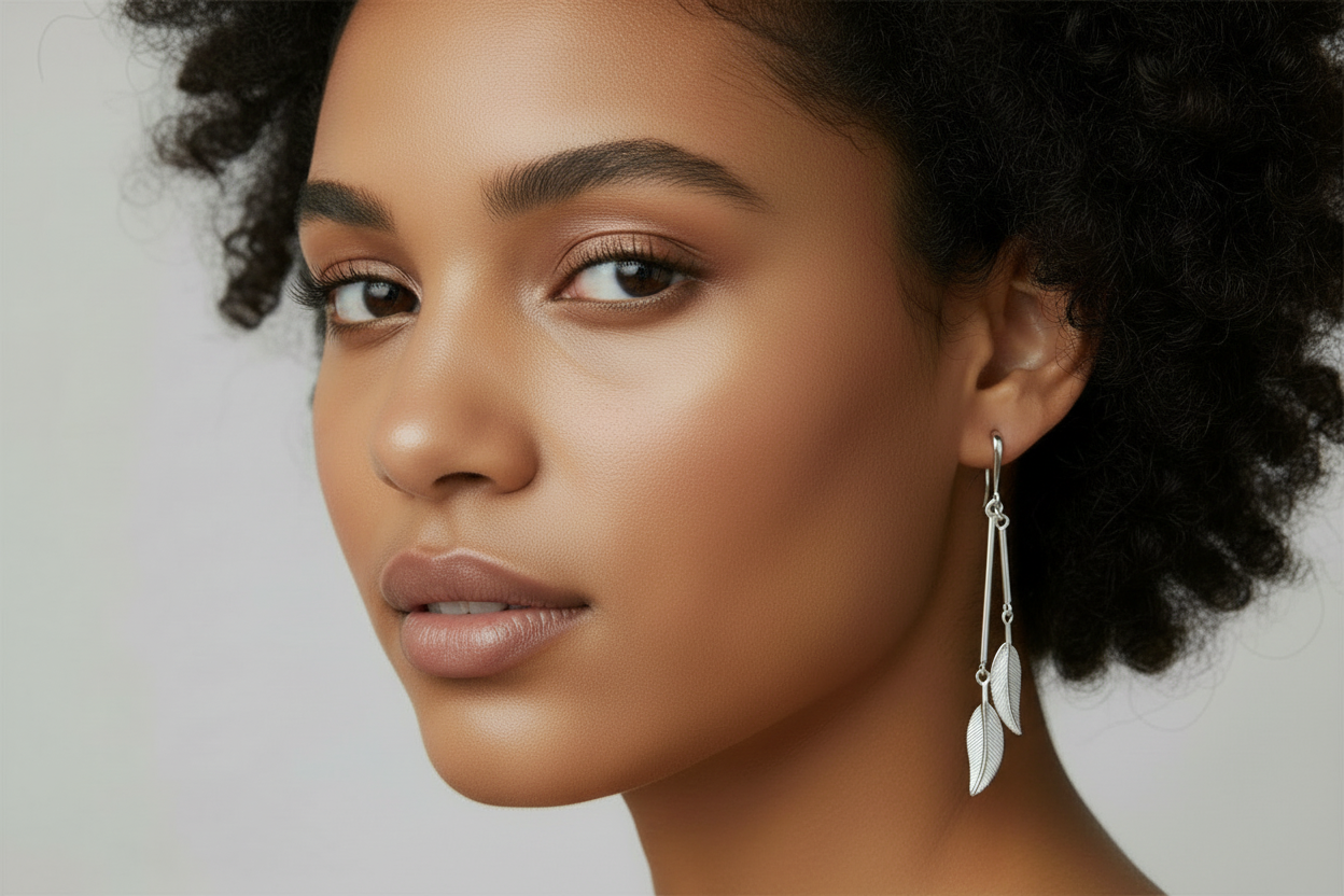 Silver Plated Double Feather Drop Earrings - compact proportions