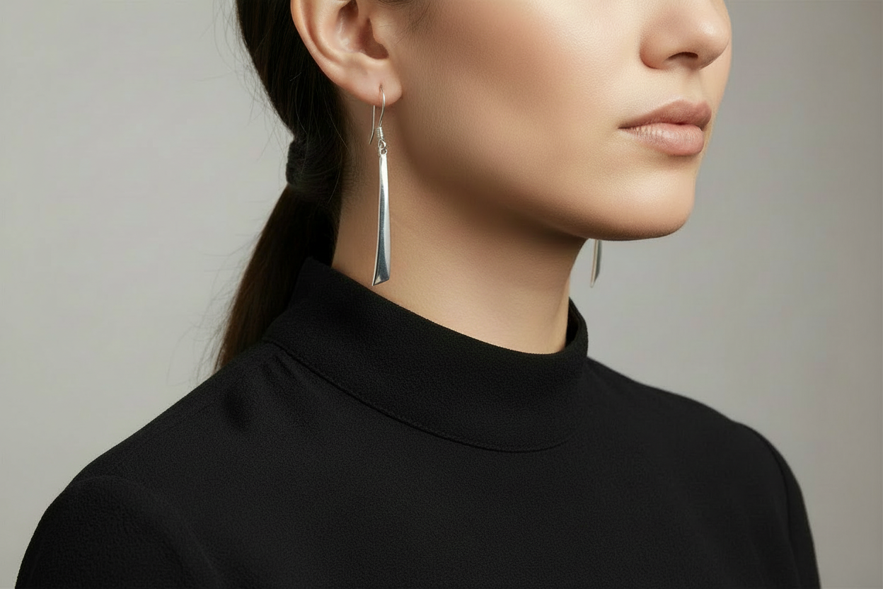 Silver Plated Samurai Drop earrings on model - very short