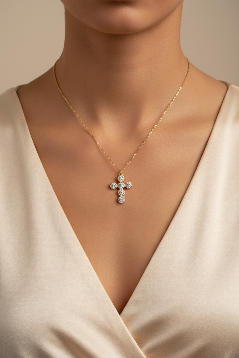 Small CZ Flower Cluster Cross Necklace on Model