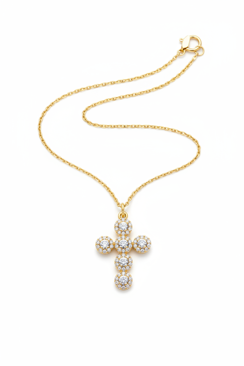 Small CZ Flower Cluster Cross - White Background